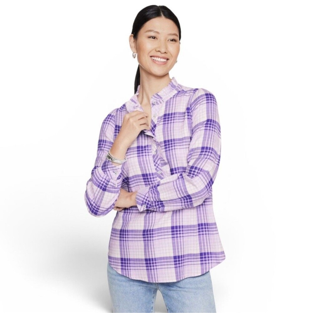 NWT Talbots Purple Plaid Metallic Ruffle Popover Top Shirt Blouse Size XS NEW